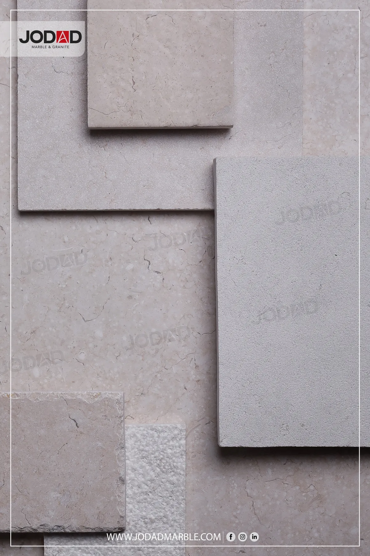 One Galala limestone sample worked in honed, sandblasted, brushed, chiseled and tumbled finishes side by side
