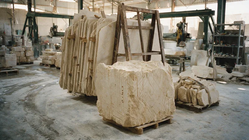 Squared Egyptian limestone blocks and slab bundles standing in the Jodad plant, ready to be sawn