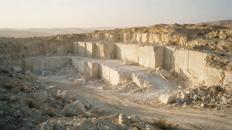 An Egyptian stone quarry at first light, benches cut in steps down the hillside