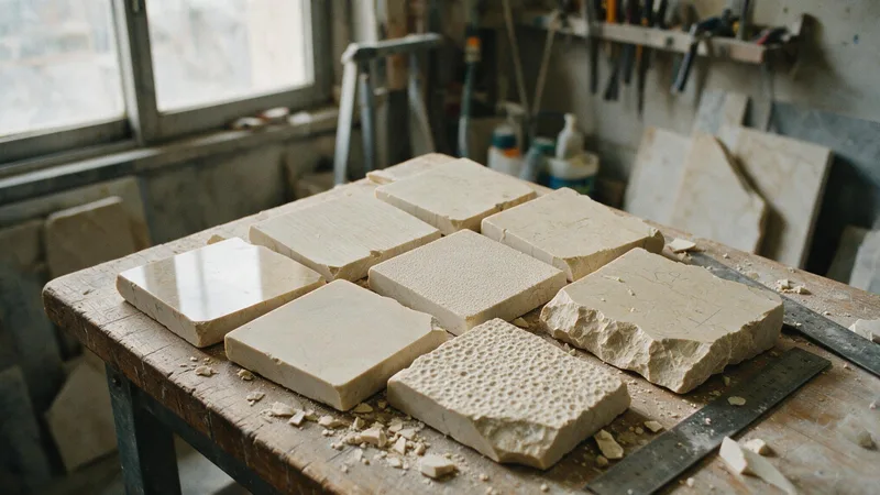 Egyptian limestone samples in different finishes laid out on a workbench