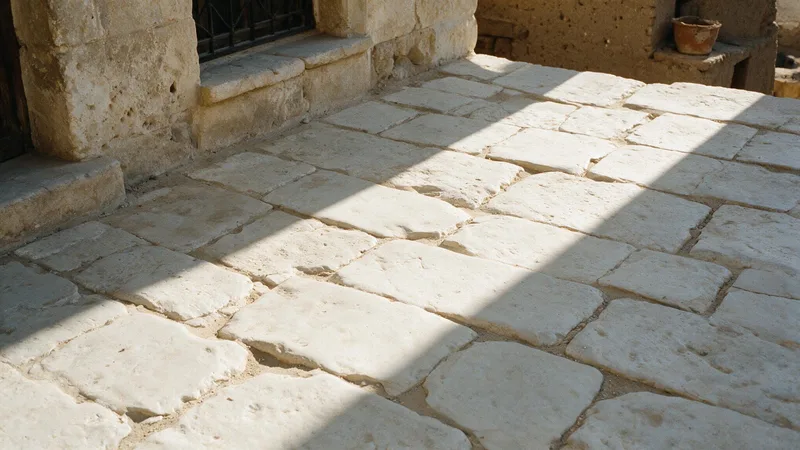 An Egyptian limestone courtyard floor in hard sunlight, its joints throwing shadow