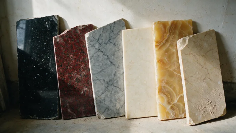 Egyptian stone samples standing side by side: black granite, red granite, grey and white marble, honey onyx and cream limestone