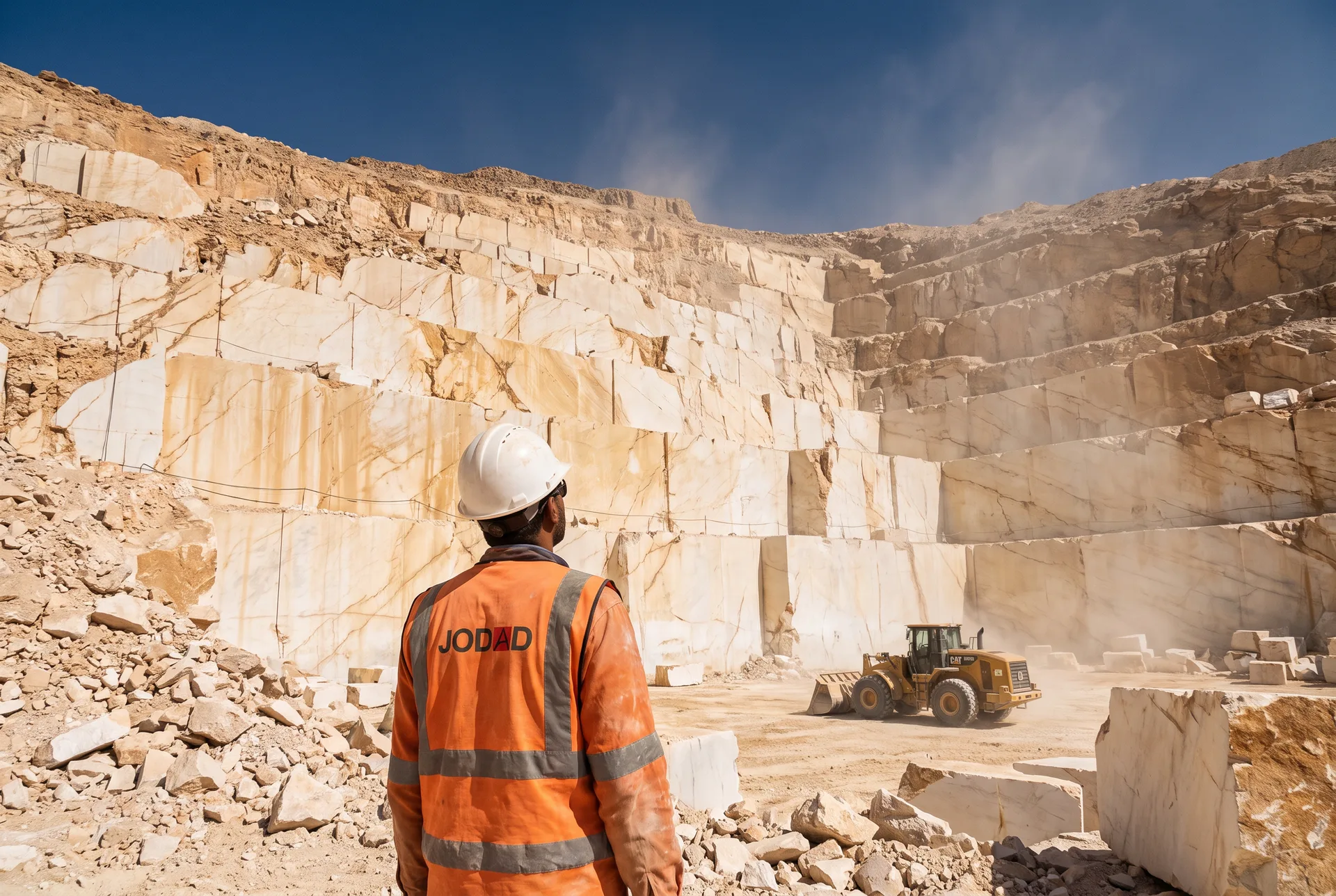 A Jodad Marble worker at the face of a warm Egyptian marble quarry