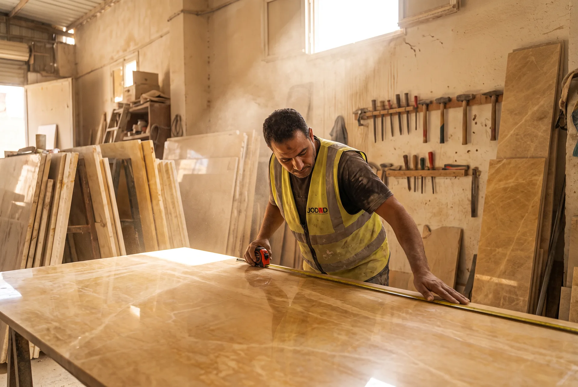 A Jodad Marble craftsman measuring a marble slab at the workshop bench
