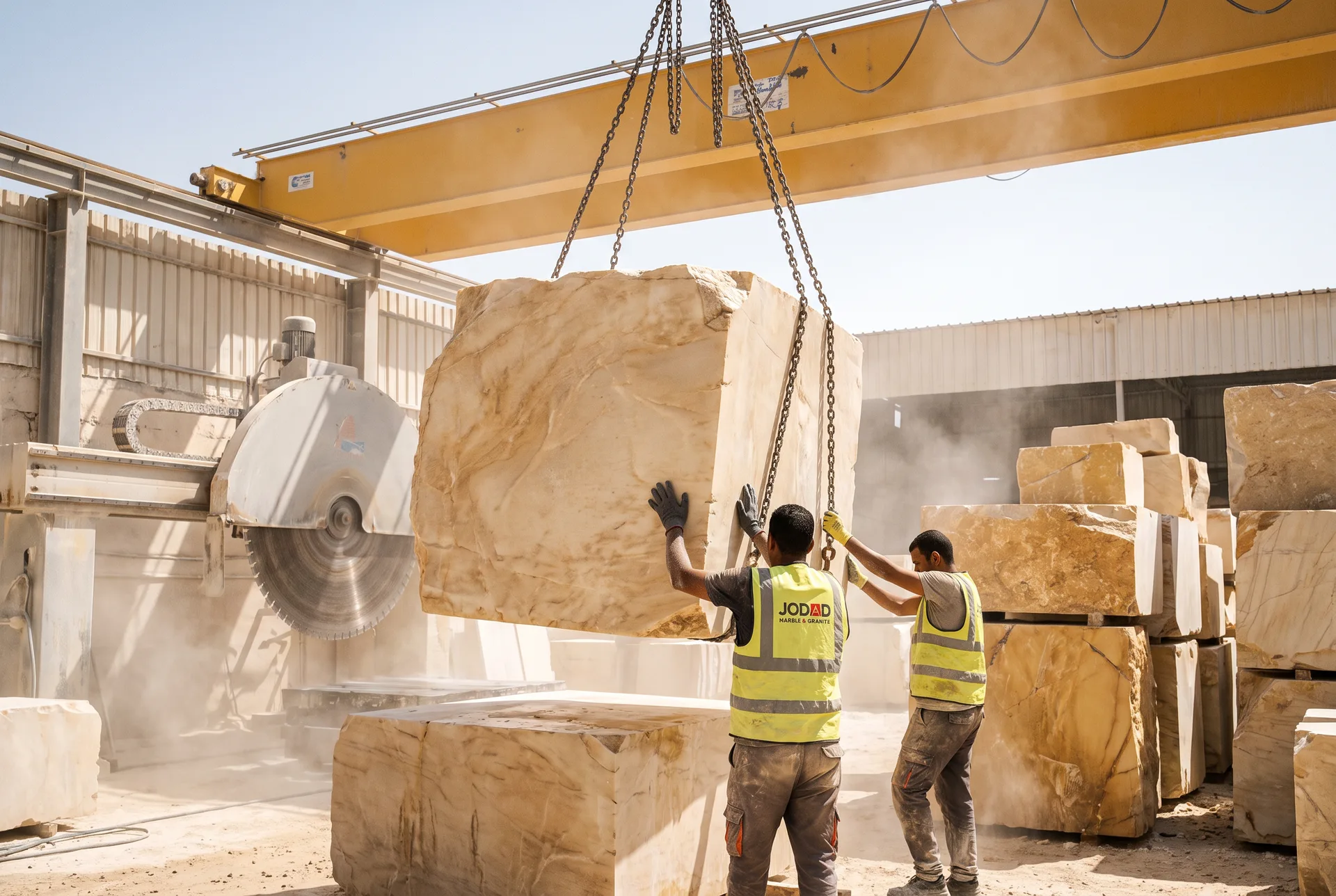 Two Jodad Marble workers guiding a freshly cut Galala marble block as an overhead crane lifts it on the factory floor