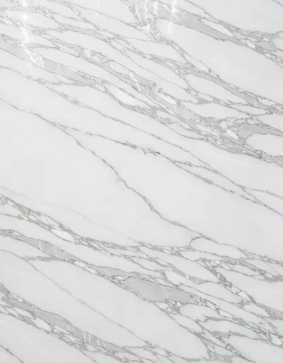 A polished slab of White Safaga marble, bright white with linear silver-grey veining
