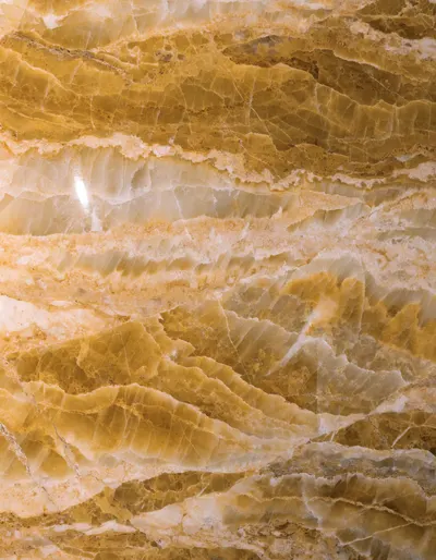 A polished slab of Giallo Jodad marble, a golden ground with warm, figured movement